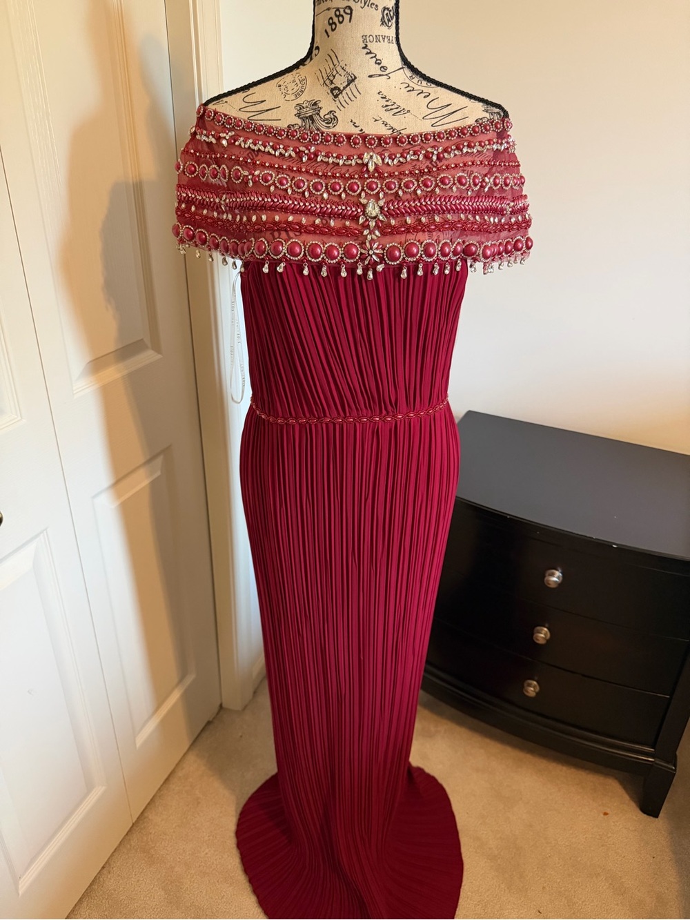 Tarik Ediz Off-the-Shoulder Beaded Pleated Gown - Wine
